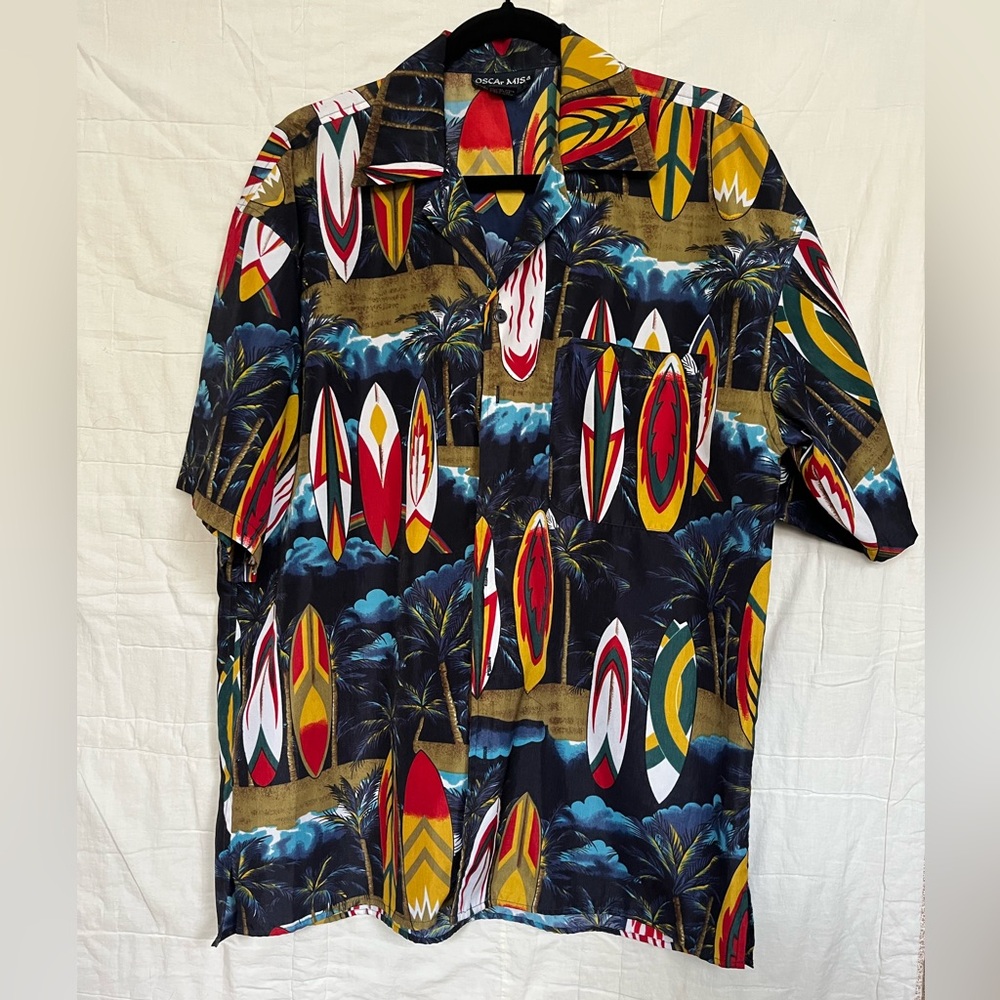 Oscar Misa Hawaiian shirt, surfboard design, adult medium, navy blue background
